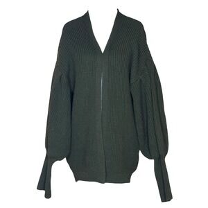 TOPSHOP‎ Women's Olive Green Ribbed Balloon Sleeve Knit Cardigan Sweater S